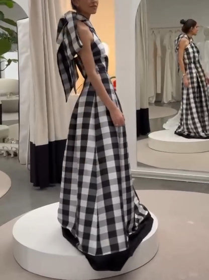 Classic Plaid Print Halter Neck Maxi Dress