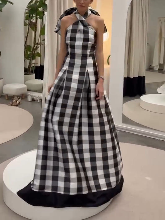 Classic Plaid Print Halter Neck Maxi Dress